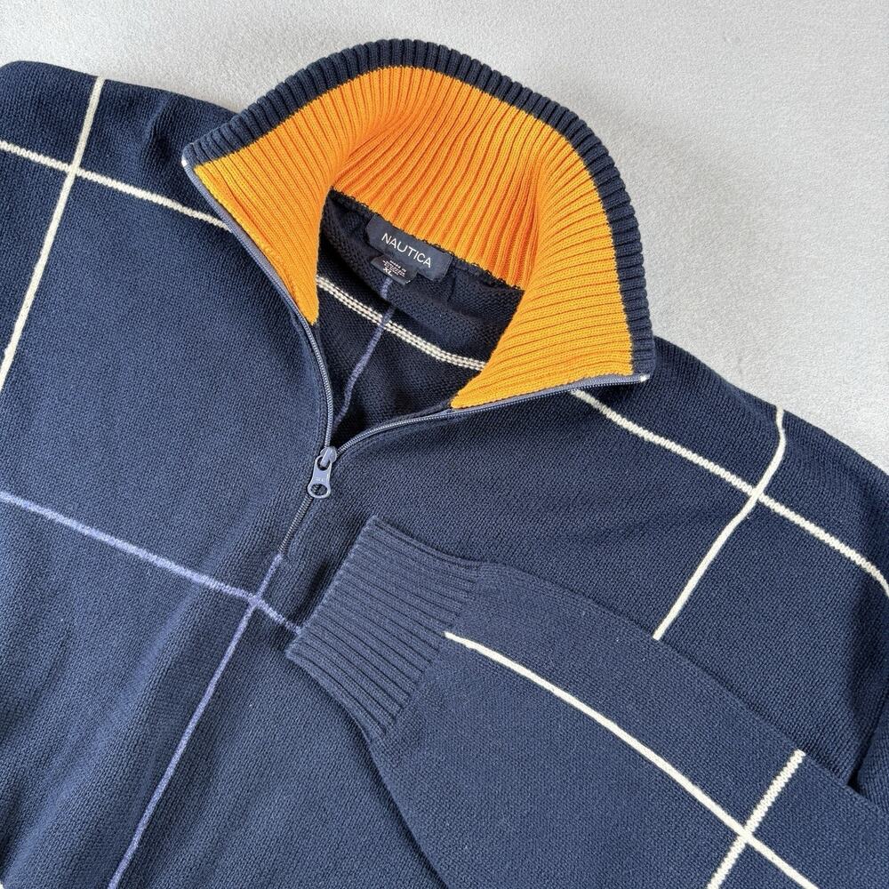 Nautica Men's XL Navy Windowpane Quarter Zip Sweater Orange Collar